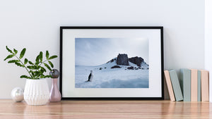 A chinstrap penguin appears in the foreground of a snowy Antarctic landscape with rugged outcrops.