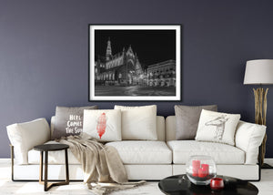 Historic Dutch church with illuminated stone details