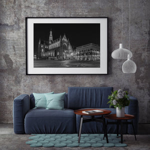Haarlem town square with cathedral and museum lighting