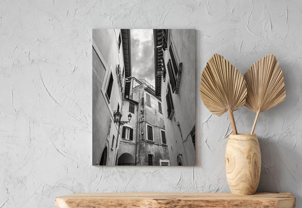 Classic Italian architecture in alleyway – black and white art