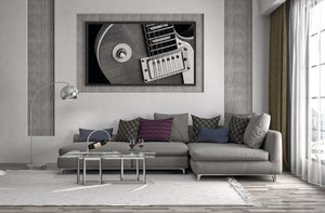 Black and white detail of classic guitar