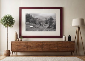 Rural Brasov countryside with drying clothes and morning mist