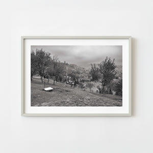 Monochrome clothesline scene in rural Moieciu Romania