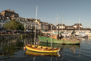 Old Irish harbor bathed in golden evening light from the sea