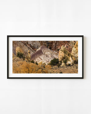 Colourful desert rock formations with purple, cream and golden surfaces above sparse shrubs.