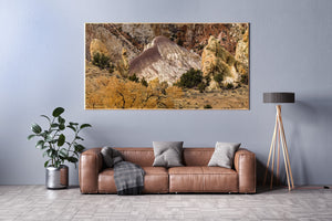 Panoramic photograph of colourful desert geology with weathered stone and sparse green plants.