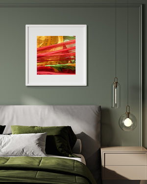 Square photograph of colourful Tibetan prayer flags with layered cloth and fine printed details.