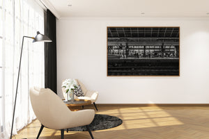 Monochrome train platform architecture and passengers Amsterdam Central