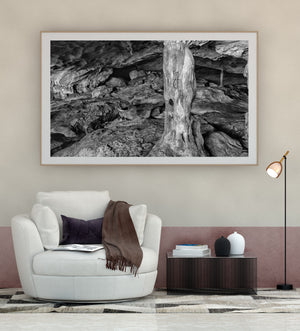 Light reveals grooves in a Conch Bar Cave column against dark rocky recesses.