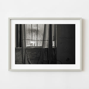 Torn Curtain and Window Light Black and White Photography