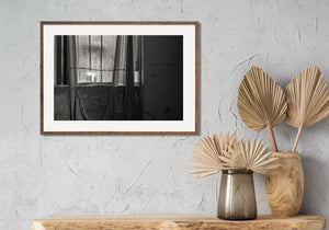 Torn Curtain and Window Light Black and White Photography