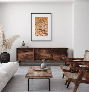 Warm autumn colours cover cracked earth with curled leaf shapes and rough surfaces.