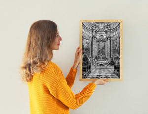 marble columns and religious frescoes behind altar in croatian church