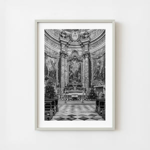 black and white baroque church interior in dubrovnik with ornate altar