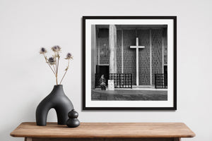 Black and white photo of church entrance in Croatia