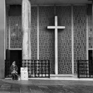 Concrete church facade with cross in Zagreb Croatia