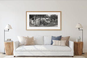 Monochrome image of rusted metal enclosure