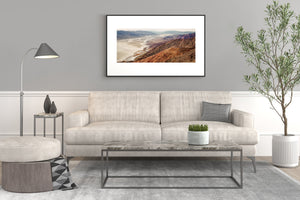 Dante’s View panorama combines textured rocky hillsides with light valley patterns and distant blue mountains.