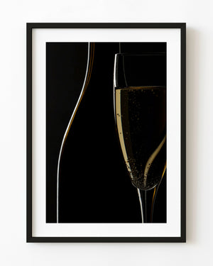 Golden light traces a dark wine bottle beside a sparkling-wine flute against a black background.