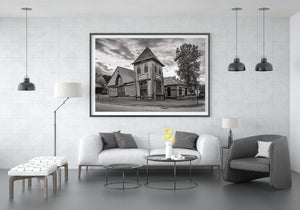 Black and white Yukon architecture photograph of St Andrew’s Church and its timber facade.