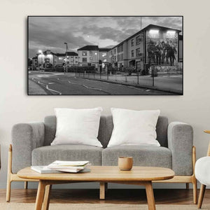 Twilight over the Bogside near Free Derry Corner, monochrome street photograph.