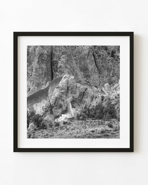 Pale desert rock spires against a rugged cliff, black and white landscape photograph.