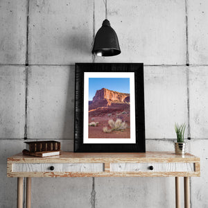 Sunlit red rock escarpment above branching shrubs in the American Southwest.
