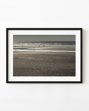Distant brown bears on reflective Alaska tidal flats