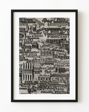 Vintage Dodge and Datsun nameplates in a toned monochrome collage