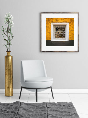 Decorative window grille and dog against a warm yellow wall