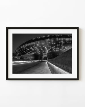 Dongdaemun Design Plaza at night in Seoul in black and white