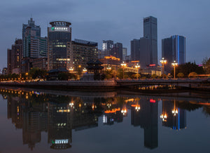 Chengdu skyline reflected on calm water