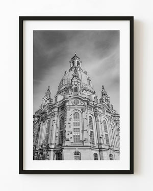 Dresden Frauenkirche dome and ornate facade in black and white
