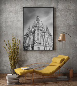Detailed monochrome photograph of the Frauenkirche in Dresden