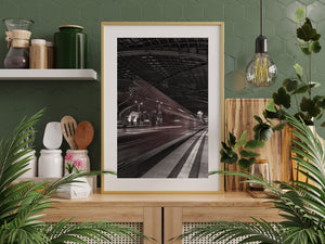 Dresden railway platform and a passing train in muted colour