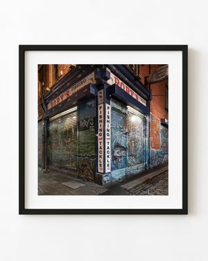 Rory’s Fishing Tackle shop in Dublin after dark with painted shutters