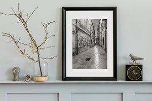 Historic Dubrovnik alley with overhead lines and light on the paving