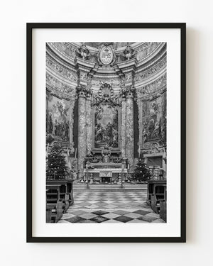 St Ignatius Church altar in Dubrovnik with ornate decoration in black and white