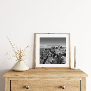 Black and white landscape of medieval ruin