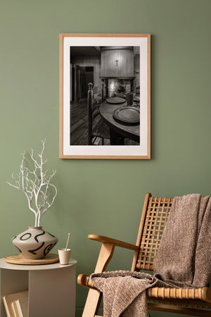 Dutch kitchen table and hearth in warm sepia monochrome