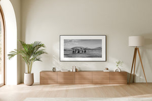 Mongolian desert landscape with riders and birds of prey