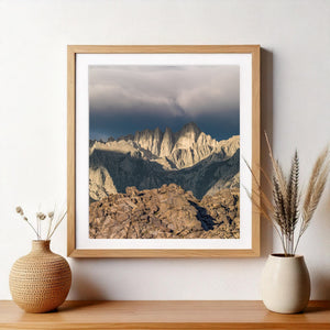 Rock formation foreground with Sierra peaks behind