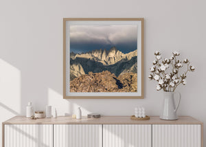 Mount Whitney in bold morning light and moody backdrop