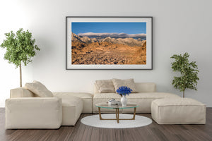 Eastern Sierra landscape with warm earth tones and a blue sky