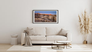 Eastern Sierra mountain panorama with warm sunrise colours and rounded rock formations