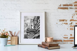 Monochrome photograph of vintage hotel signage on Whyte Avenue