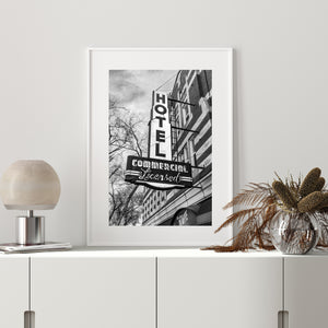 Black and white architectural photograph of a Whyte Avenue hotel sign