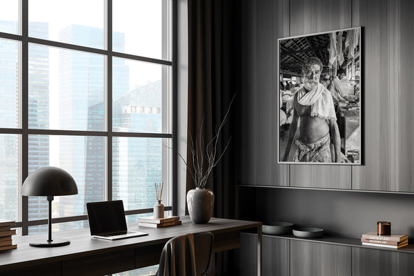 Portrait of a man in an Indian laundry – black and white