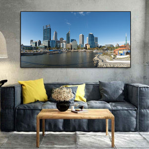 Western Australian skyline photograph with Elizabeth Quay and Perth’s towers under blue skies.