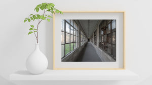 Ceiling lines and repeated windows create depth in an empty Ellis Island Hospital corridor.